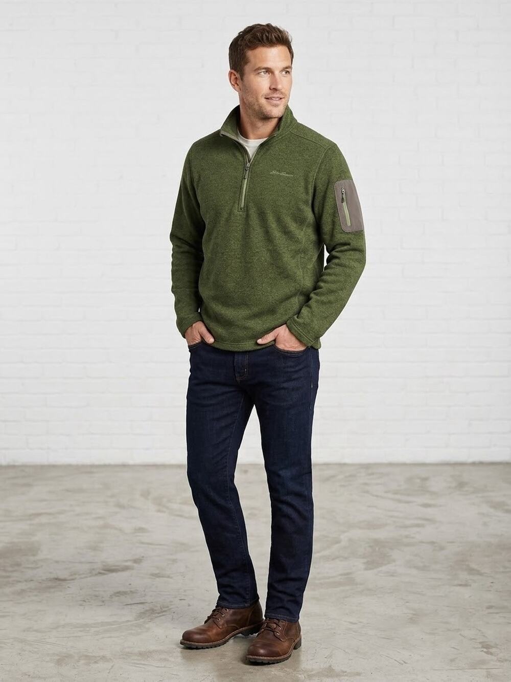 Eddie Bauer Men's XXL 1/4 Zip Fleece Pullover Sweater Green Arm Pocket Outdoor